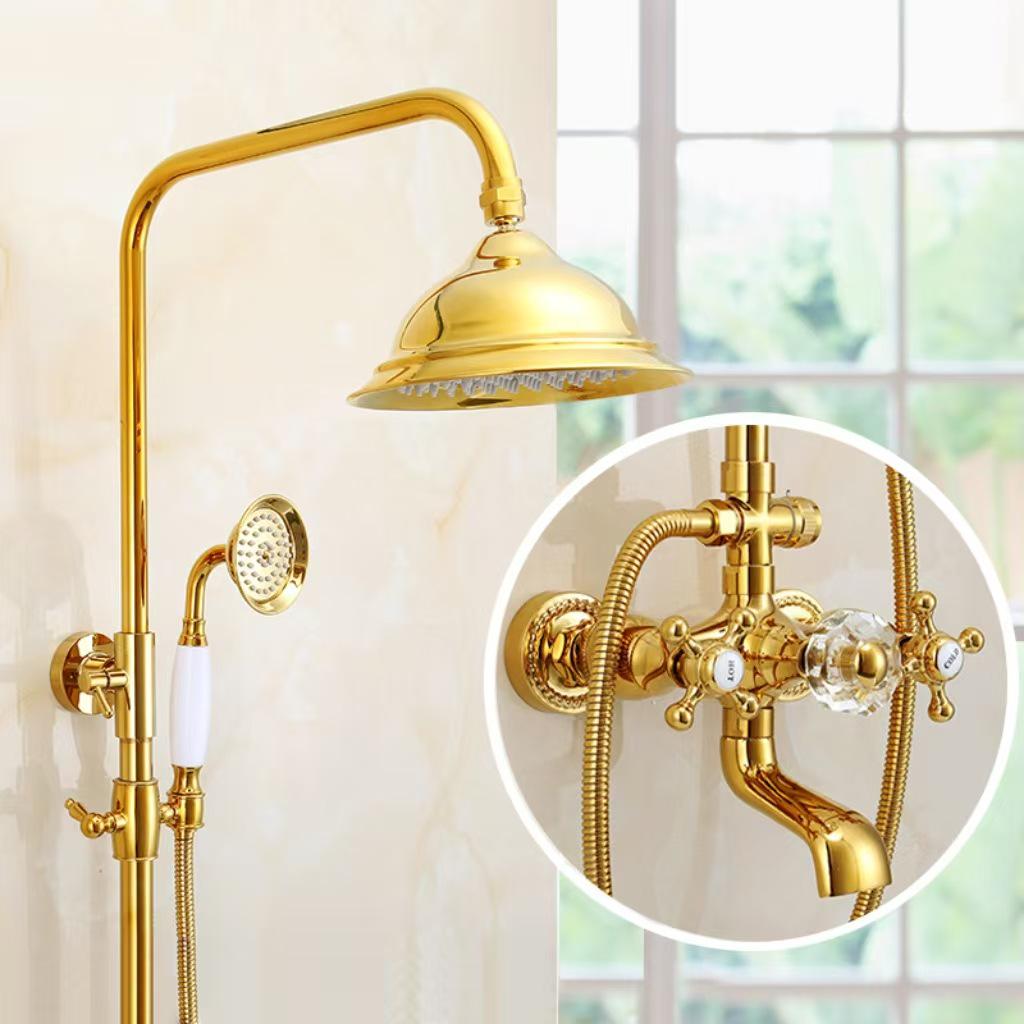 French Retro Full Copper Gold Shower Head Set with Hot and Cold Faucet