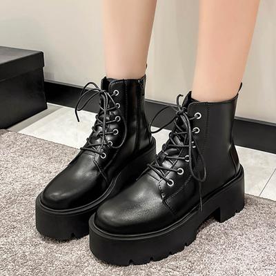 Fashion Autumn and Winter Women Boots Thick Sole Middle Heel Round Toe Solid Color Lace Up Comfortable Womens Lace Up Boots Heel