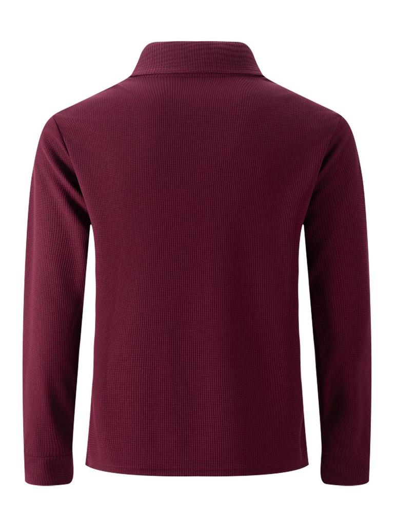 Autumn Solid Color Waffle Knit Lapel Pocket Button Long Sleeve Polo Shirt