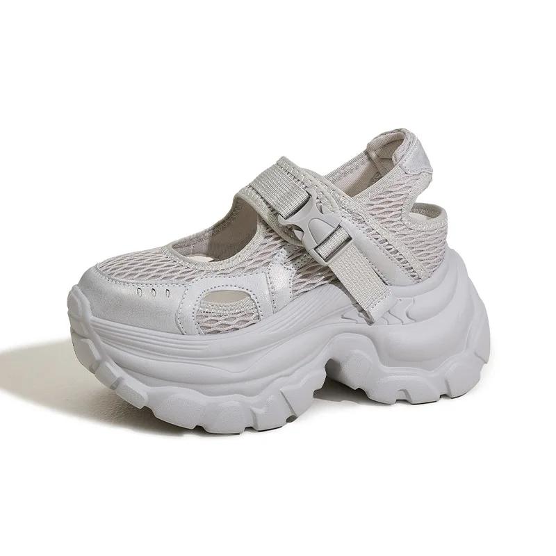 

9CM Air Mesh Microfiber Leather High Brand Comfy Platform Wedge Fashion New Summer Chunky Sneaker Buckle Mary Jane Shoes Women 39 серый