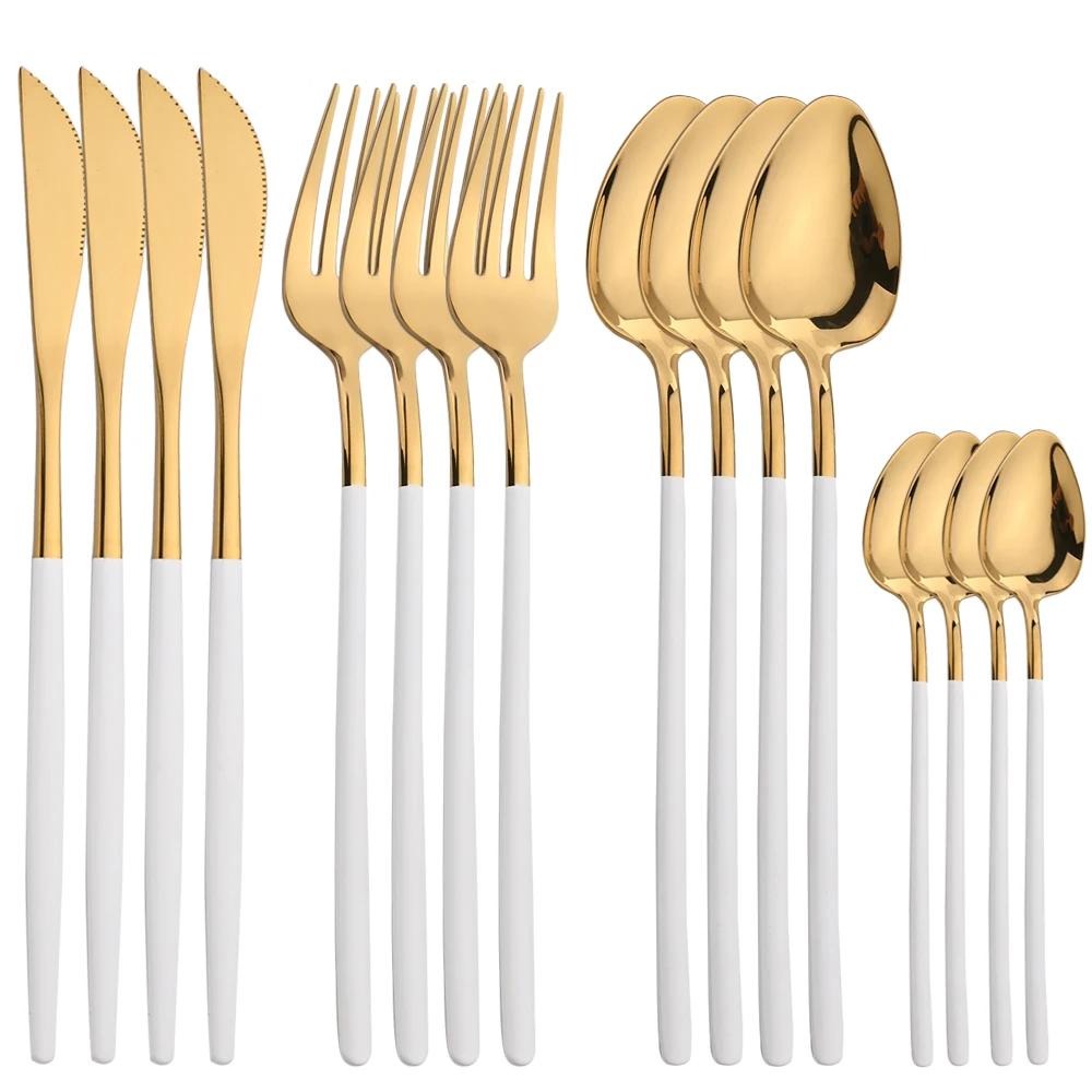 16Pcs Cutlery Set Stainless Steel Gold Dinnerware Dinner Knife Fork Spoon Teaspoons Western Reusable Polished Utensils For Home