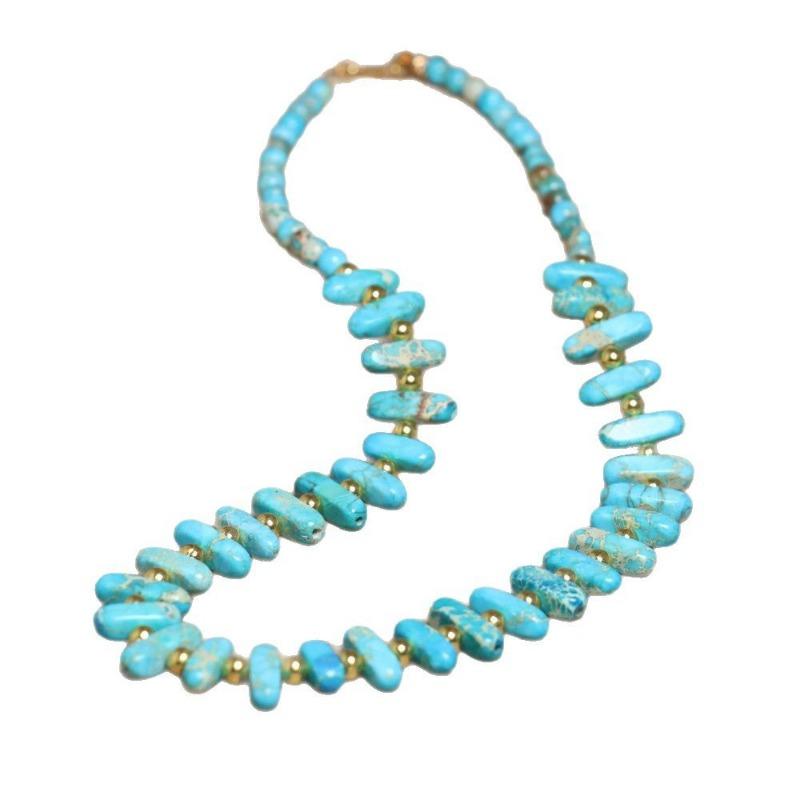 Turquoise Barrel Bead Necklace – Gold Accent Boho Jewelry, Protection Calm Gift for Women
