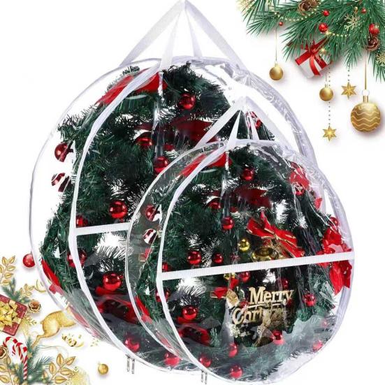 Christmas Wreath Storage Bag Transparent Wreath Organizer Dustproof Waterproof Garland Holder with Handles for Holiday Artificial Wreath