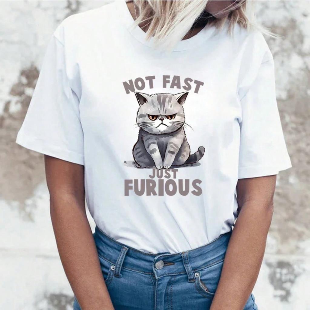 Cat Print T-Shirt Summer Leisure Loose Round Neck Creative Personality T-Shirt Ladies Fashion Print