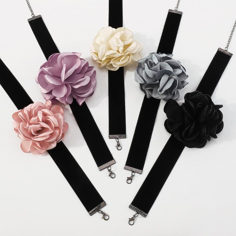 Romantic Big Rose Flower Choker Necklaces Wide Soft Black Velvet-Party Necklaces for Women Fashion Statement Jewelry
