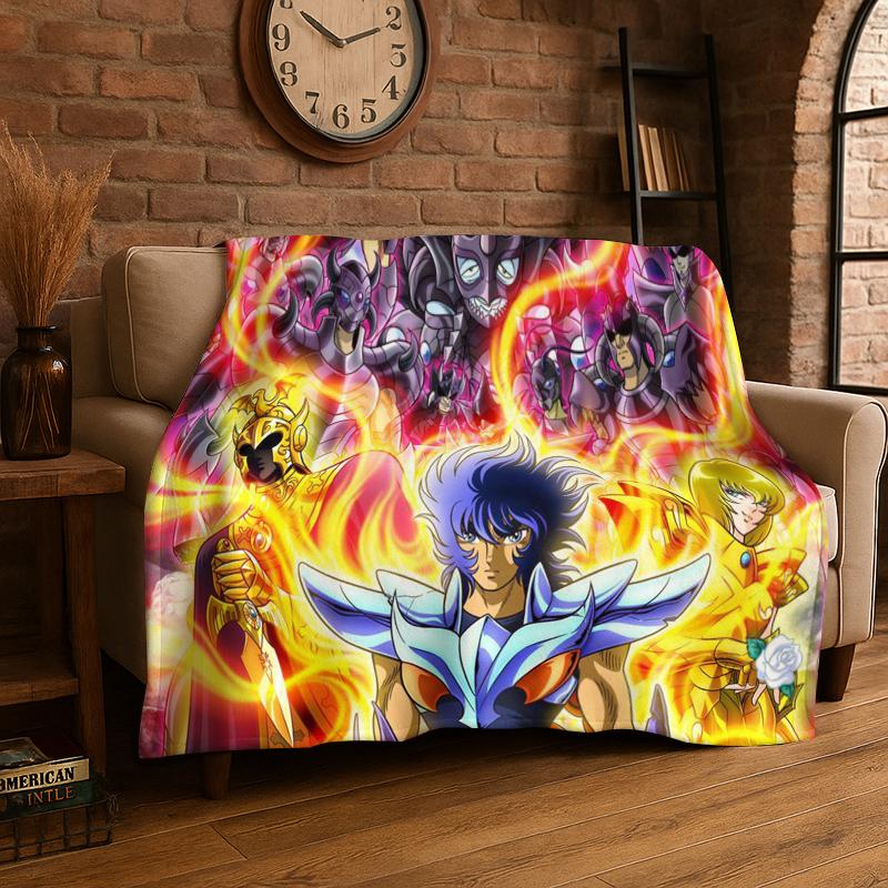 Retro Saint Seiya Anime Cartoon Flannel Blanket Soft Warm Throw Blanket for Bedroom Living Room Bed Travel Camping Picnic Gift