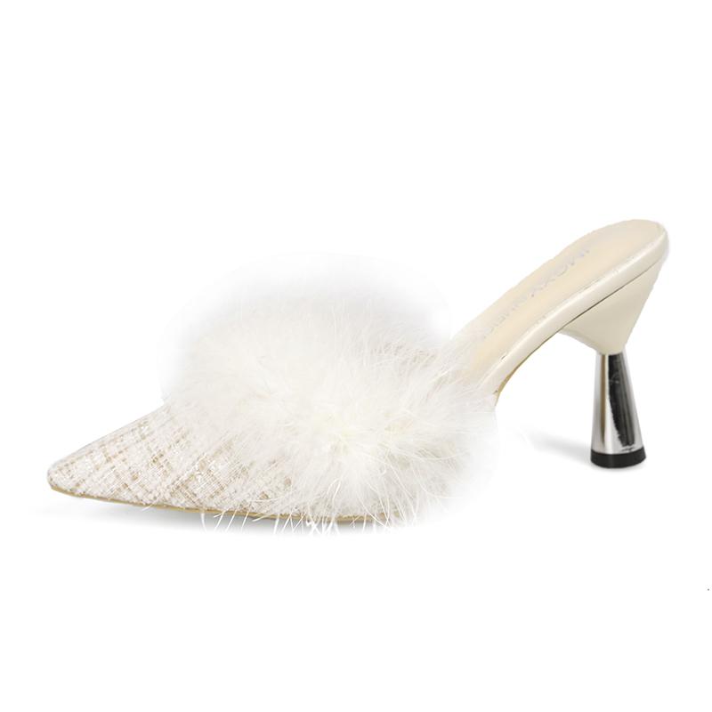 Fashion Women's Baotou Slippers Winter New Pointed Cloth Plus Plush Anti-slip Wear-resistant Slip-on High Heels