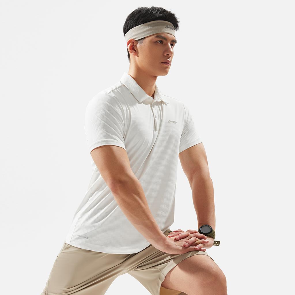 Li-Ning Fitness Series Solid Color Comfortable Fashion Sweat-Absorbing Breathable Short Sleeve Polo Shirt Men tops Off-White APLU123-7