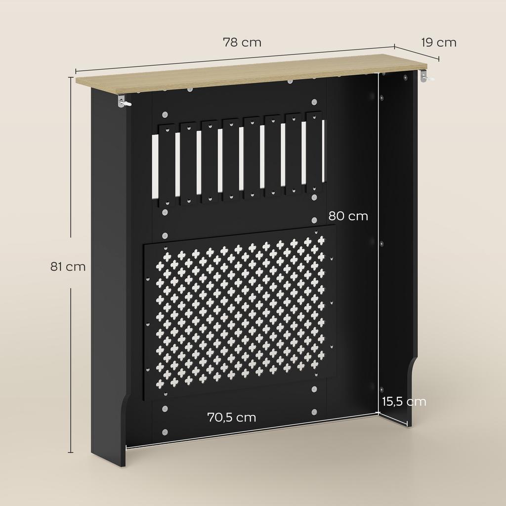 Wooden Slatted Radiator Cover, Crisscross Detailing, Top Shelf, 78 x 19 x 81 cm, Black