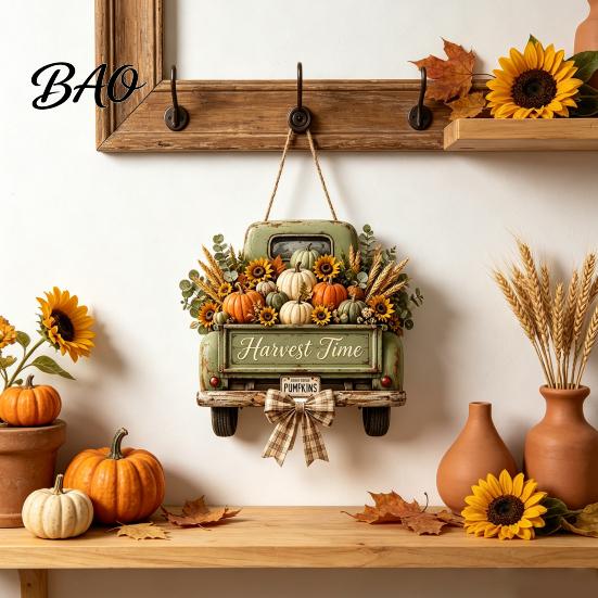 Outdoor Front Door Hanging Decor Harvest Pumpkin Truck Sign for Door, Wooden Fall with Retro Pickup Home Hemp Rope, Distressed Farmhouse Welcome Sign,