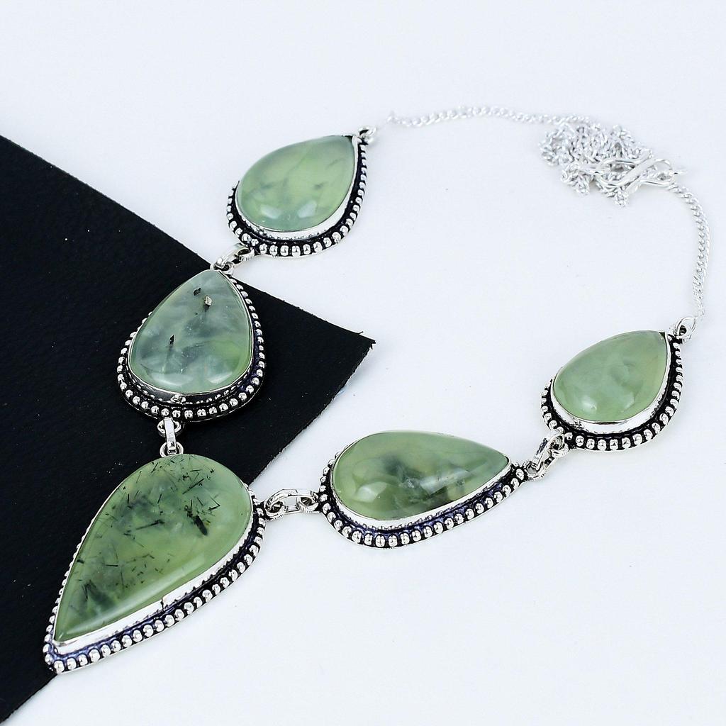 Prawdziwy Kamień Prehnitowy Ręcznie Robiony Naszyjnik ze Srebra Próby 925, Srebrny Naszyjnik z Kamieniem, Biżuteria z Kamieniem Prehnitowym Dla Kobiet, Na Prezenty