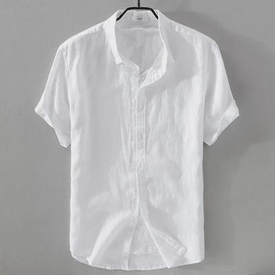 Camicia casual da uomo a maniche corte in cotone e lino bianco