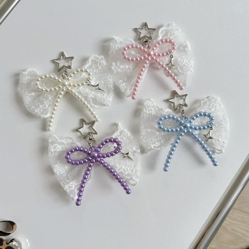 Bead Bow Lace Pearl Keychain INS Style Creative Pendant for Women Purse Handbag Lovely Gift