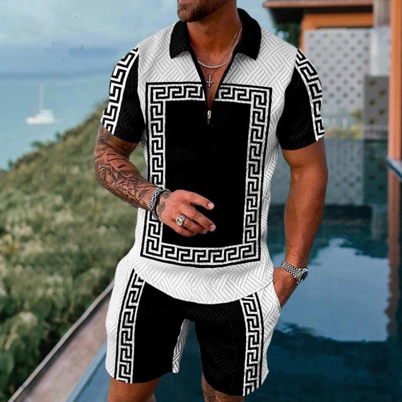 2025 summer men's 3D digital printing short-sleeved polo fashion sports and leisure suit foreign trade men's solid color