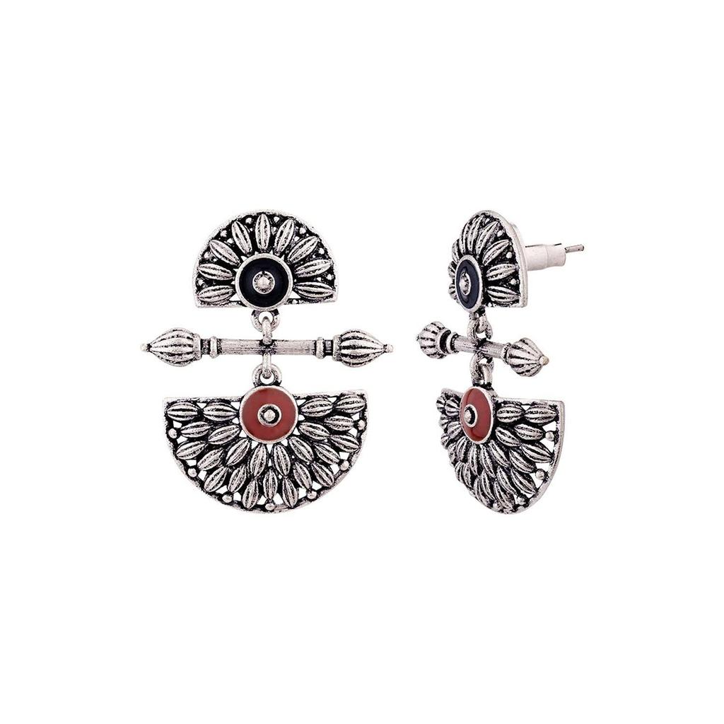 Brass Silver Oxidised Mandala Design Lightly Embellished Drop Earrings for Women and Girls