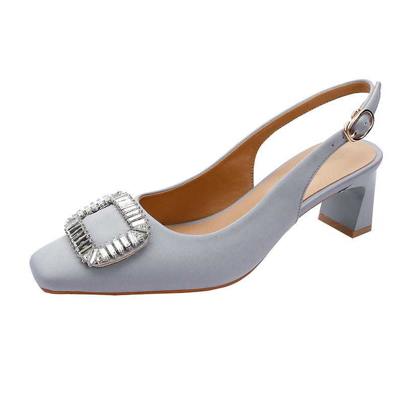 Baotou Sandals Women's Thick Heel 2025 New Rhinestone Buckle Empty Single Shoes Middle Heel Summer Word with Square Head High Heels