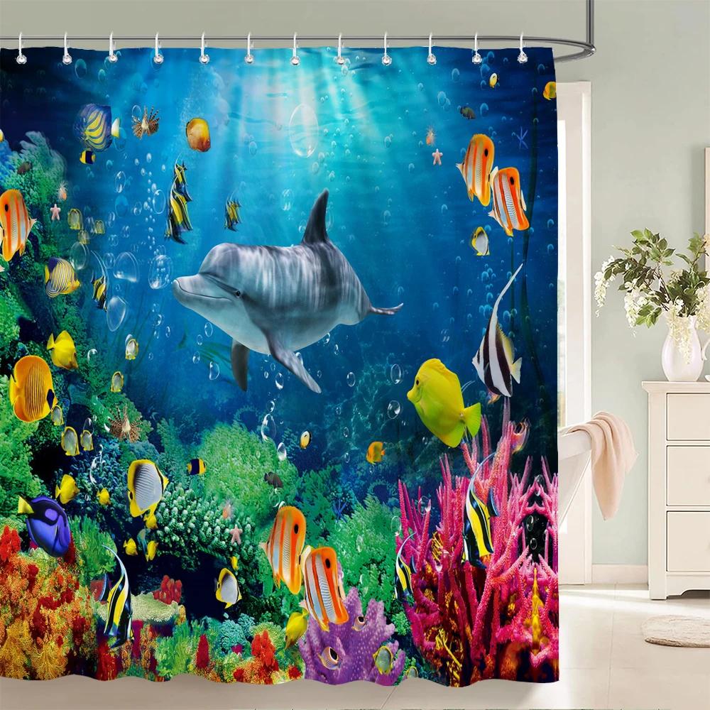 Podwodny Świat Ryba Żółw 3d Zasłony Prysznicowe Ocean Delfin Sceneria Morska Tkanina Wodoodporna Zasłona Kąpielowa Dekoracja Łazienki Parawan