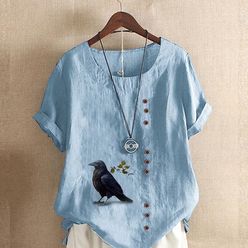 Damska Moda Okrągły Dekolt Krótki Rękaw T-shirt Casual Bawełna Len Koszulka z Graficznym Nadrukiem Rekreacyjna Luźna Krucza Bluzka Letnia Top