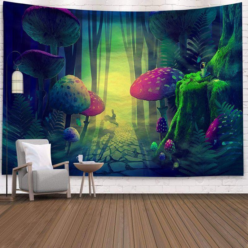 Mushroom Forest Tapestry, Peach Skin Velvet Background Fabric, Polyester Digital Printing Wall Carpet, Room Decoration Hanging Fabric