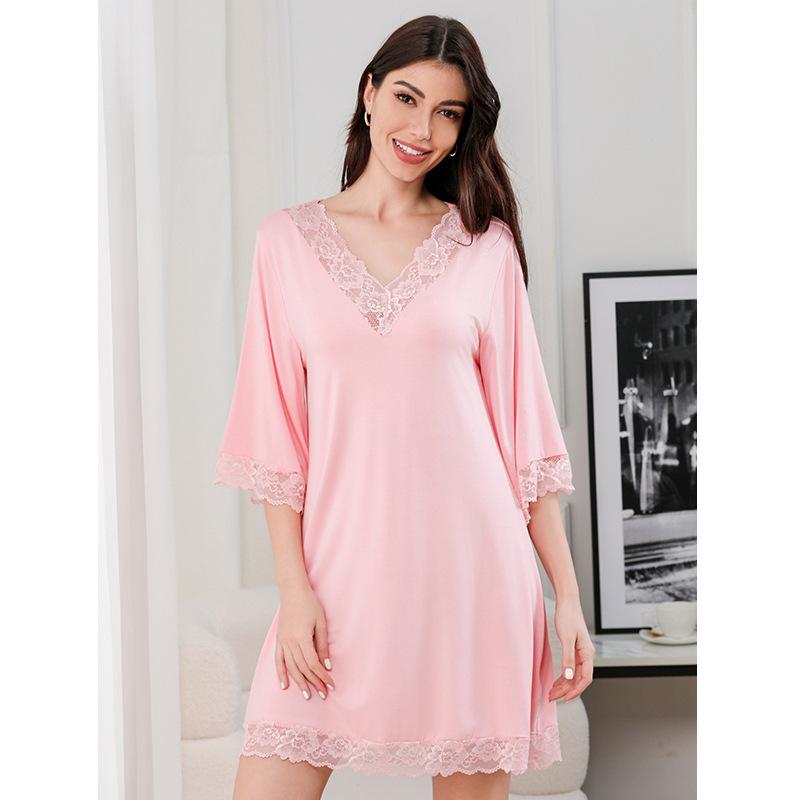 

Lace Sexy V-neck Home Wear Pajamas for Women Large Size Loose Three-quarter Sleeve Nightgowns S рожевий