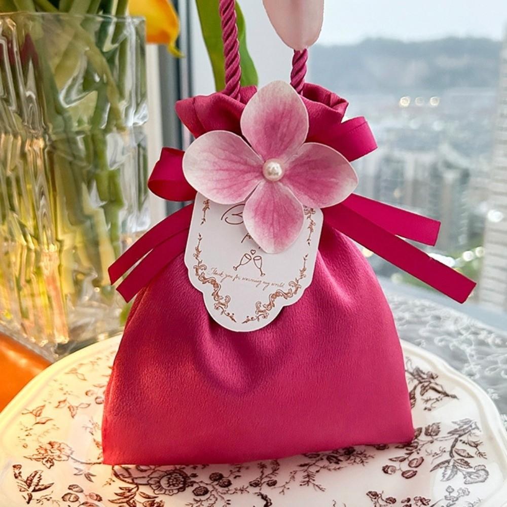 Satin Flower Drawstring Bag Mini Festive Sugar Bag Fashion Wedding Candy Bag  Festival