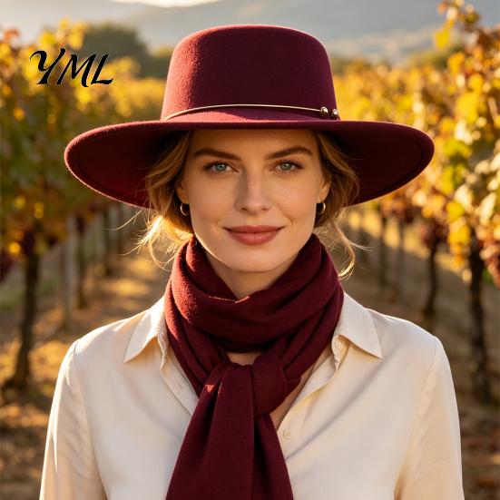 Classic Wide Brim Hat Retro Flat Top Hat, Wool Felt Pork Pie Bowler with Vintage Style Fedora Metal Ring, Trilby for Women Men Autumn Winter