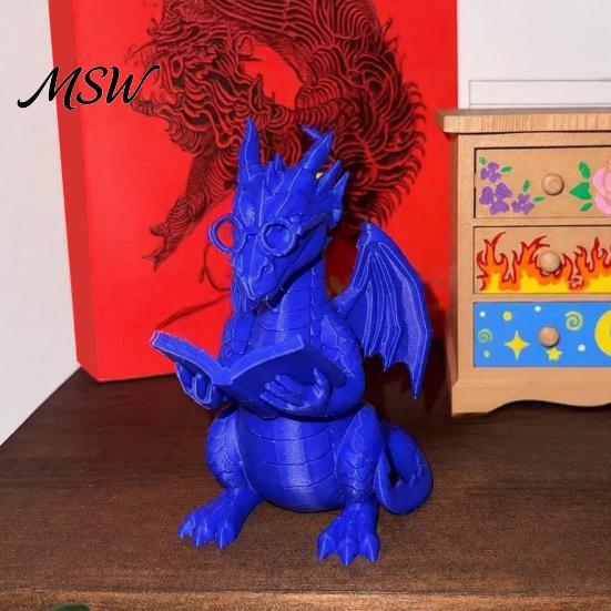 Decorative Book Holder Reading Dragon Figurine with Glasses, Statue, 3D Printed Fantasy Bookshelf Ornament Decor, Whimsical Desktop Ornament, Gift for