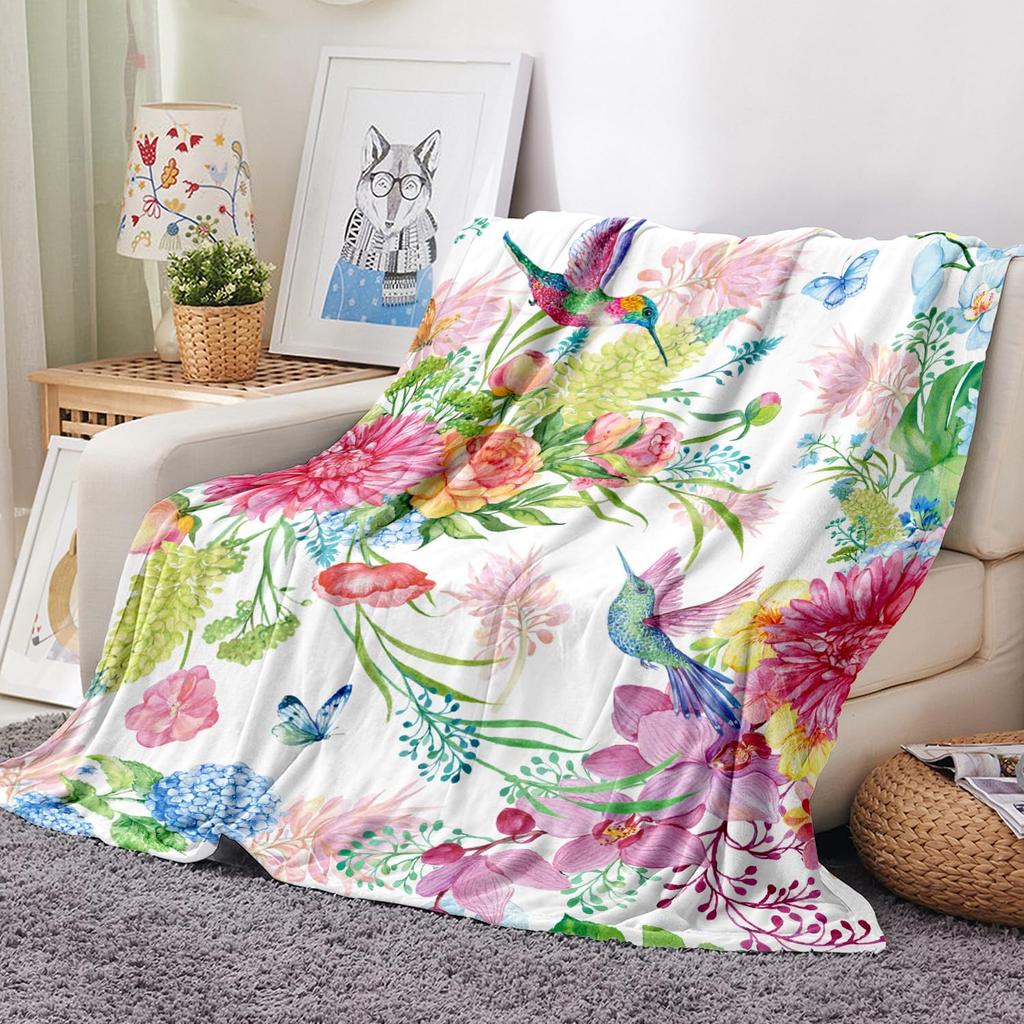 Hummingbird Throw Blanket Floral Flower Throw Blanket Spring Colorful Flannel Fleece Throw Blankets Gifts for Women Children Sof