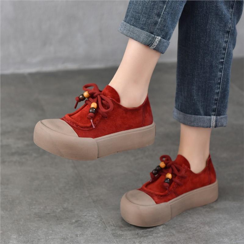 Johnature Genuine Leather Thick Sole Women's Shoes Round Toe Lace-up Versatile Casual Flat Platform Shoes