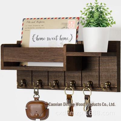 Farmhouse Style Wooden Key Holder with Hooks & Shelf for Wall-Mounted Storage In Hallway, Kitchen, or Living Room.