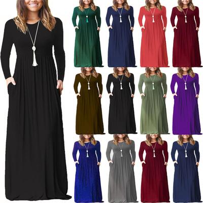 Women Long Sleeve Loose Plain Maxi Pockets Dresses Casual Long Dresses