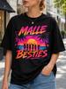 Malle Besties Neon Sunset Tee With Palm Trees Dancing Friend Silhouettes And Hot Pink Orange Beach Unisex All TShirt