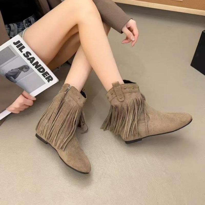 Böhmische Quasten Innen erhöhend Kleine kurze Stiefel Damen Frühher Herbst Neu Retro Flacher Boden Schlank Chelsea