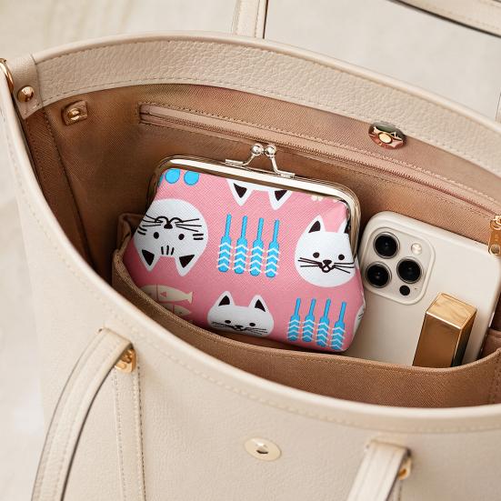 Cartoon Cat Coin Purse, Women Cute Kitten Change Purse, Kiss Lock Small Purse for Coins Cards Folded Cash