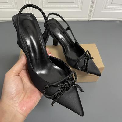 Kristall Damen Pantoletten Sandalen für Party Sexy Schwarz Neu Spitz Schleife Fersenriemen Hochhackig Stiletto mit Strass Schuhe Damen