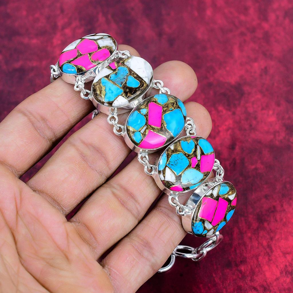 Cotton Candy Turquoise 925 Solid Sterling Silver Bracelet with Adjustable Chain, Handmade Gemstone Designer Jewelry Bracelet