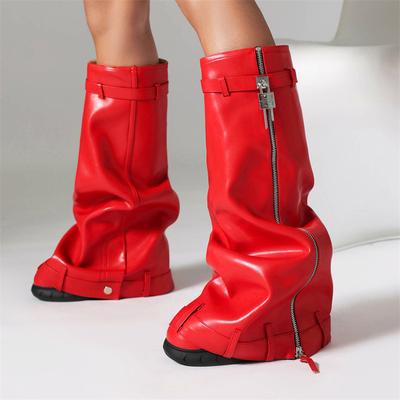 Sexy Pleated Red Knee High Boot Female Foldover White Pink High Boot For Women Winter Fetish Party Long Shoes Large Size Trends