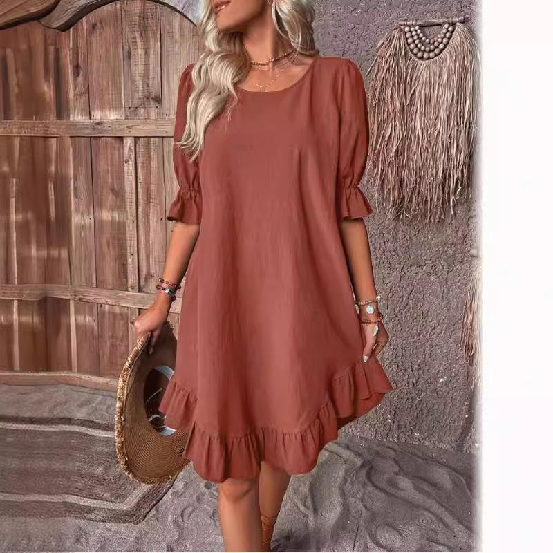 Women's Vintage Cotton Linen Mid Sleeve Solid Colour Loose Round Neck Dresses