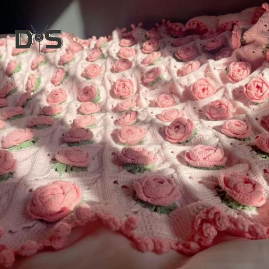 DIY Crochet Rose Flower Blanket Kit Handmade Yarn Knitting Floral Throw Blanket Mother's Day Valentine’s Day Birthday Women Beginner Gift