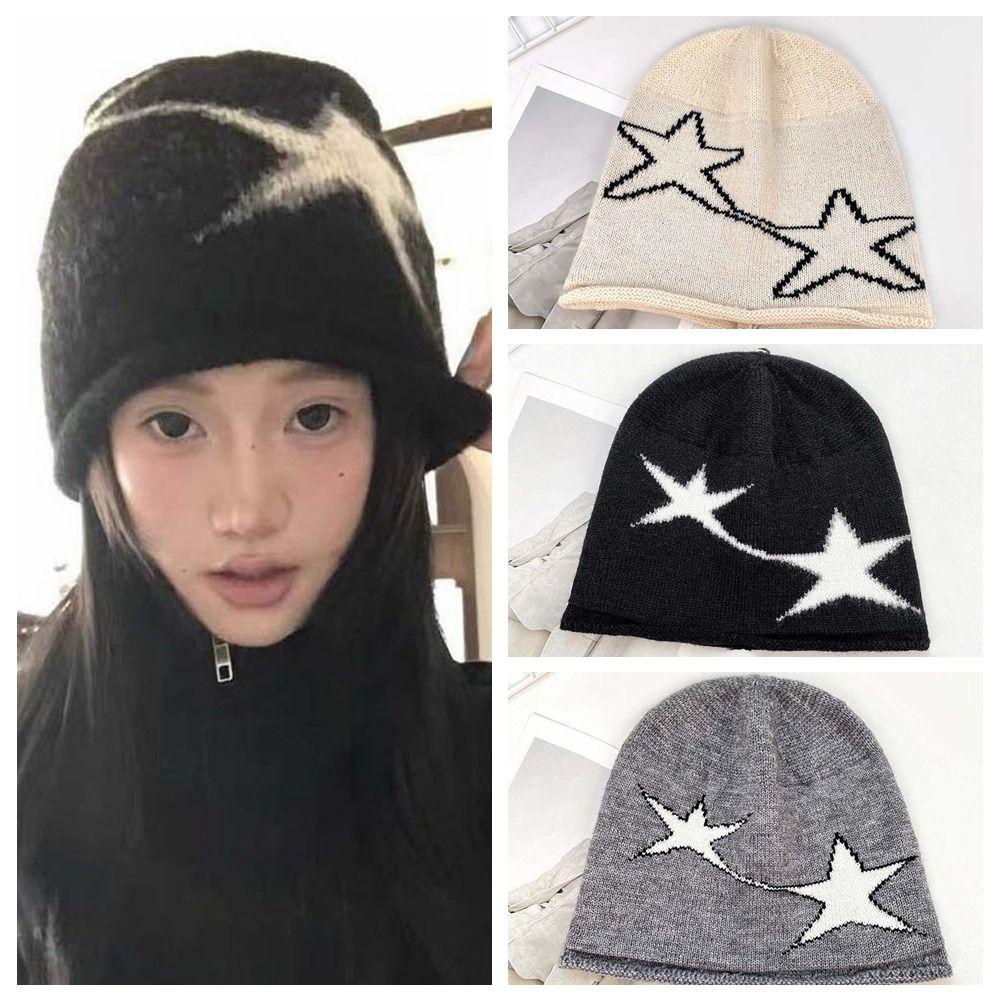 Streetwear Jacquard Woolen Hat Elastic Y2K Pullover Cap Fashion Star Knitted Hat  Women