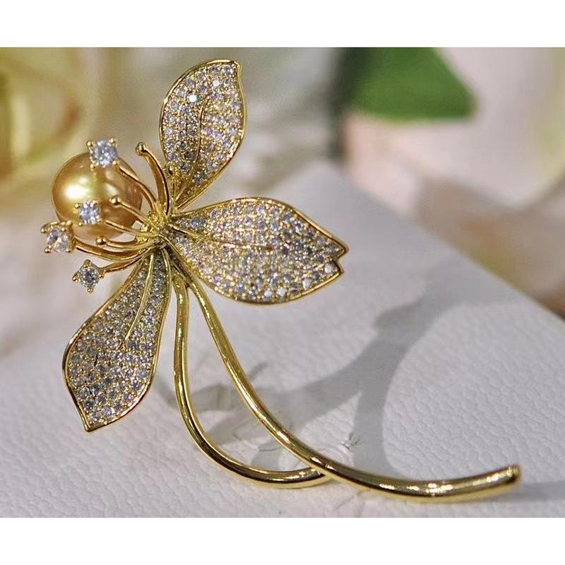 Повседневная брошь, позолоченная медь, инкрустированная цирконом, булавка, корсаж с жемчугом барокко, пустая основа