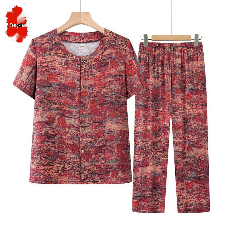 Elderly Women s Summer Thin Short-Sleeve Cardigan Pajama & Homewear Set XL