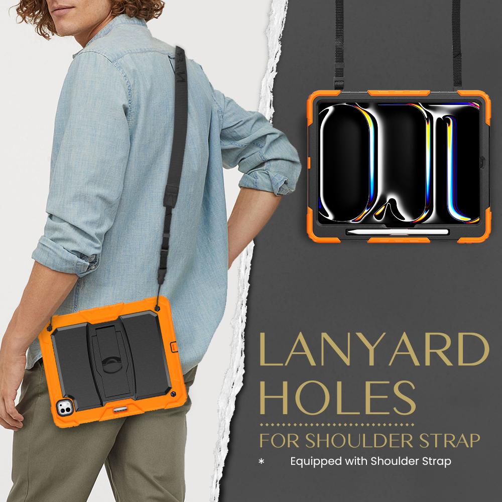 For iPad Pro 13 (2024) Kickstand Case PC+Silicone Tablet Cover with Pen Slot/Shoulder Strap