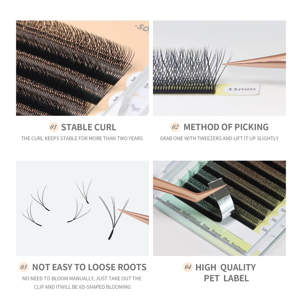 ANNAFRIS 6D W vippeforlengelse Premade volumvifter Naturlig myk 6D W form Automatisk blomstrende blomst falske vipper