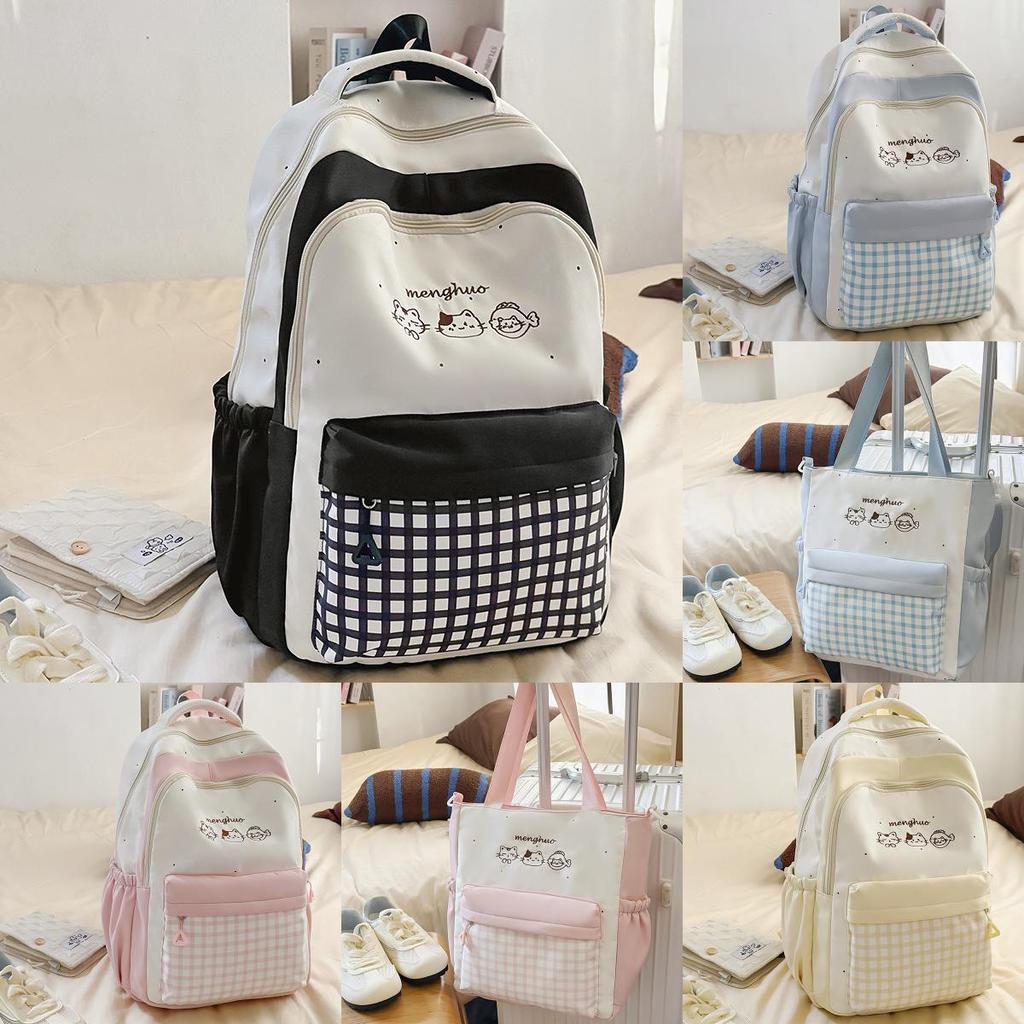 Fashion Grid Cat Embroidery School Backpack Featuring Colorful Collide Design And Padded Shoulder Straps For Daily Use