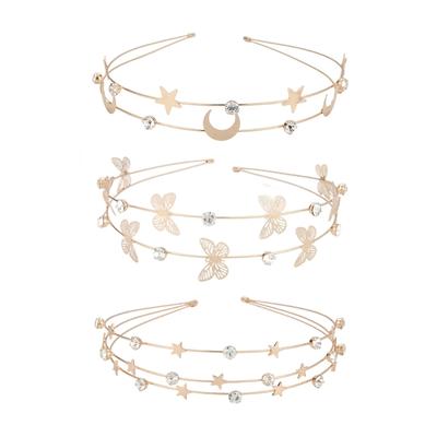Rhinestone Hairband with Butterfly Moon Star Decor Thin Side Shinning Multi Layered Headband for Girls Wedding Party