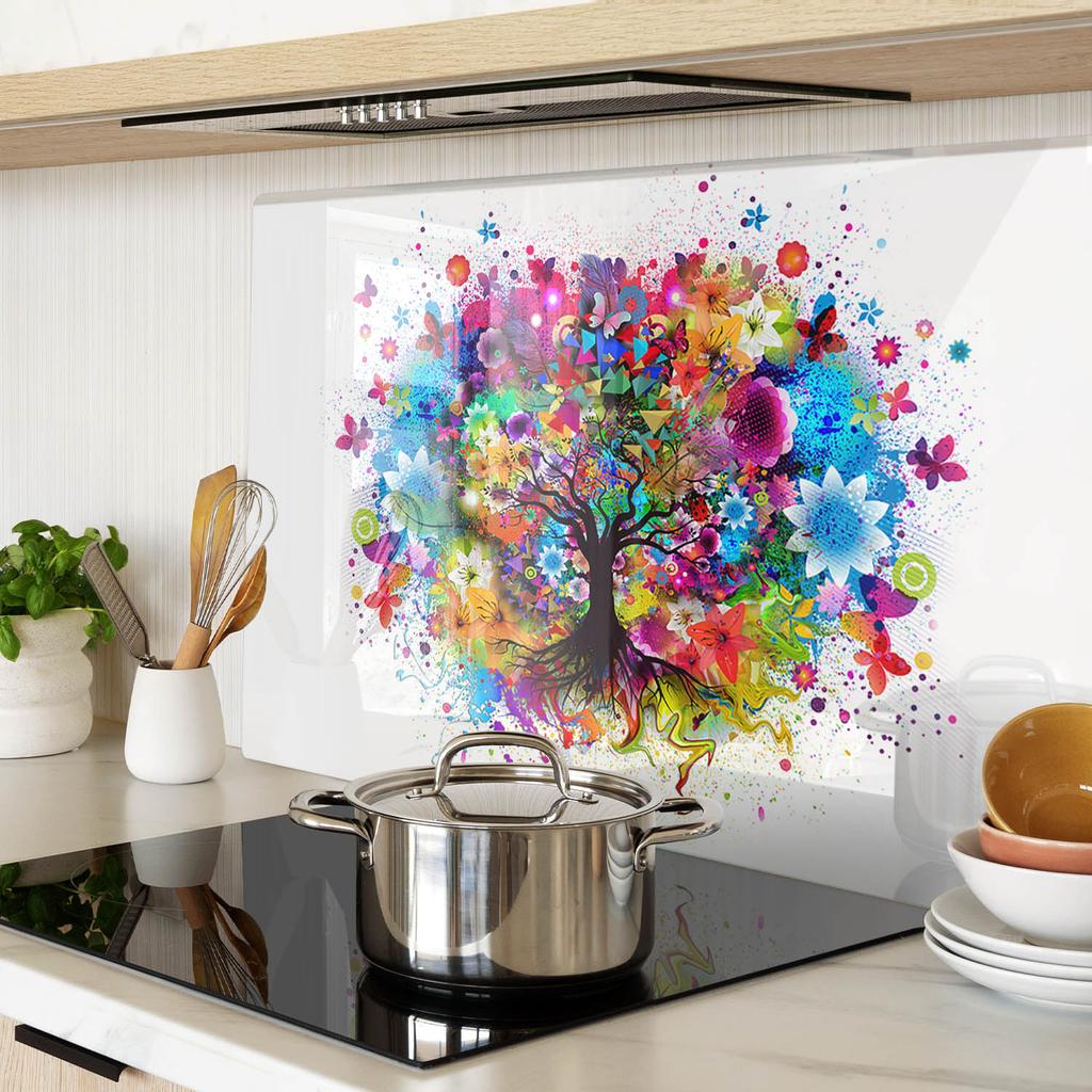Durable and Stylish Glass Kitchen Board with a Colorful Tree Pattern 80x52 cm