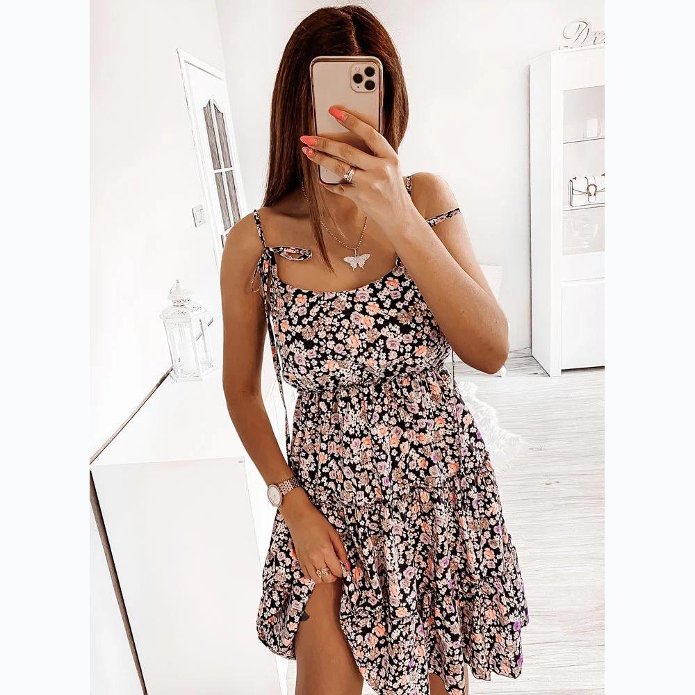 European and American Spring and Summer New Models, Small Floral Digital Printing Fresh and Sweet Wind Suspender Dress
