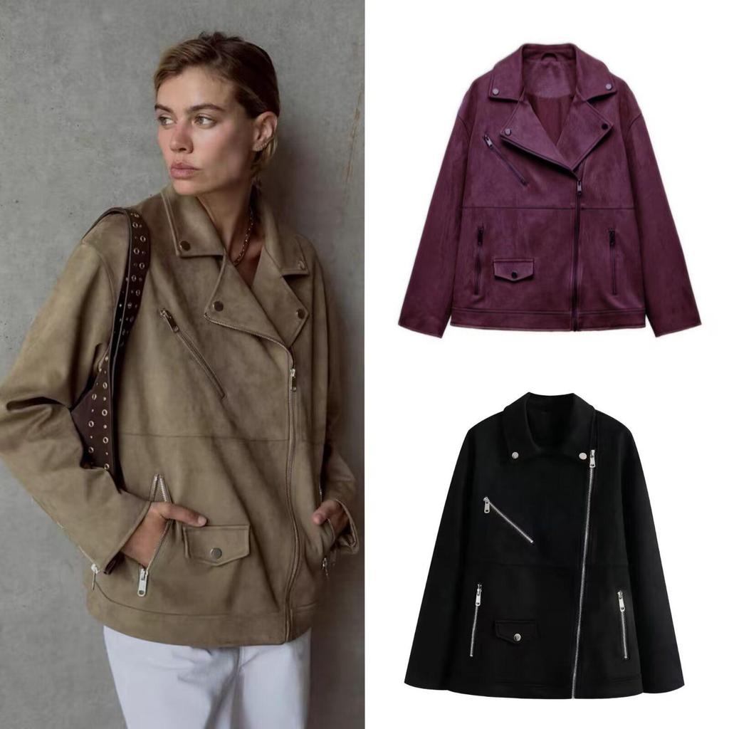 European & American Women's Suede-Effect Motorcycle Lapel Jacket