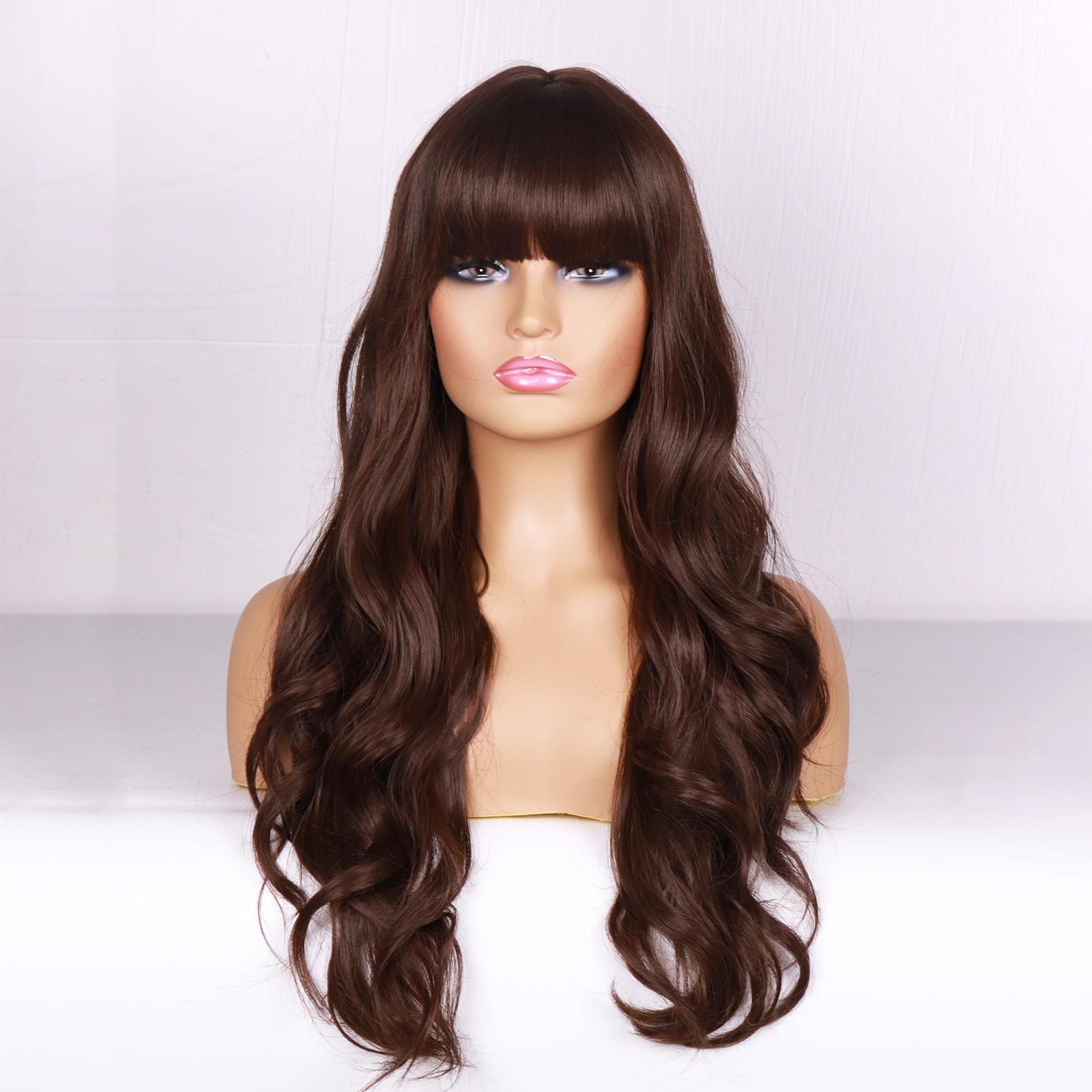 

MERISIHAIR Коричневый парик с челкой Длинные коричневые парики для женщин Натуральные волнистые брюнетки Парики Термостойкое волокно Синтетические коричневые парики для повседневной вечеринки